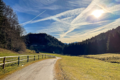 Am Wanderweg mit Blick auf den Almgasthof Hochsteinalm bei strahlendem Sonnenschein